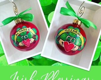 Claddagh ornament, claddagh ring love loyalty friendship, personalize with family last name, Irish Blessing keepsake, hanging with hook