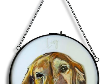 Hand Painted Pet Portrait on Glass – 8” Round Hanging Frame – Custom Dog Memorial & Pet Lover Gift