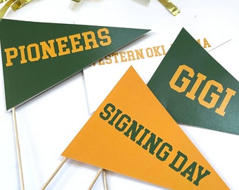 4 Signing Day 5x7 double sided flags, card stock 8 inch stick, graduation table center piece, college university mascot flag trunk party