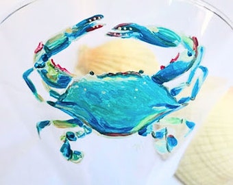 Turquoise Crab Martini Glass, Hand Painted Ocean Barware - Personalized Birthday Gifts Coastal Home Decor Beach Theme Glassware