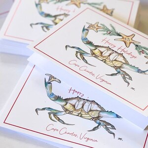 Crab Christmas Card Set, Yuletide Crustacean 5×7 Folded Cards with 14 Envelopes, Personalization Available, Star Fish Greenery, Annapolis