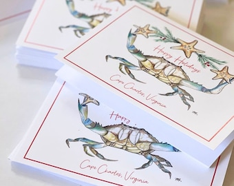 Crab Christmas Card Set, Yuletide Crustacean 5×7 Folded Cards with 14 Envelopes, Personalization Available, Star Fish Greenery, Annapolis