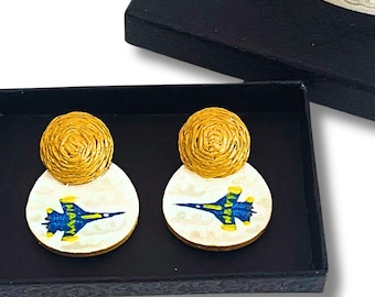 Blue Angels USNA Earrings and Navy Jet Earrings, Hand Painted Wood Jewelry, Navy Accessory, Blue and Gold Women's Cuff, Annapolis Custom Art