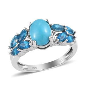 Natural Arizona Sleeping Beauty Turquoise and Malgache Neon Apatite Ring in Platinum Over Sterling Silver 1.70ctw Size 6