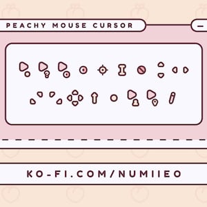 Può includere: Un'illustrazione digitale di una finestra del computer con vari design del cursore del mouse. La finestra è rosa chiaro con un bordo bianco e il testo "PEACHY MOUSE CURSOR". Un banner bianco sottostante mostra il testo "KO-FI.COM/NUMIIEO".
