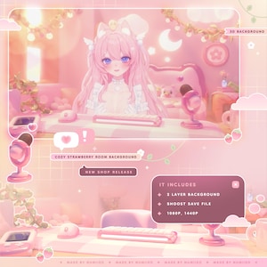 Könnte beinhalten: Digitale Illustration eines rosa Anime-Raumhintergrunds mit einem Charakter mit rosa Haaren und blauen Augen. Das Bild enthält eine Tastatur, ein Mikrofon und Text mit der Aufschrift "Cozy Strawberry Room Background" und "New Shop Release."