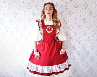 Woodland Christmas - Embroidered Apron with Pockets. Red Linen. XS-2XL
