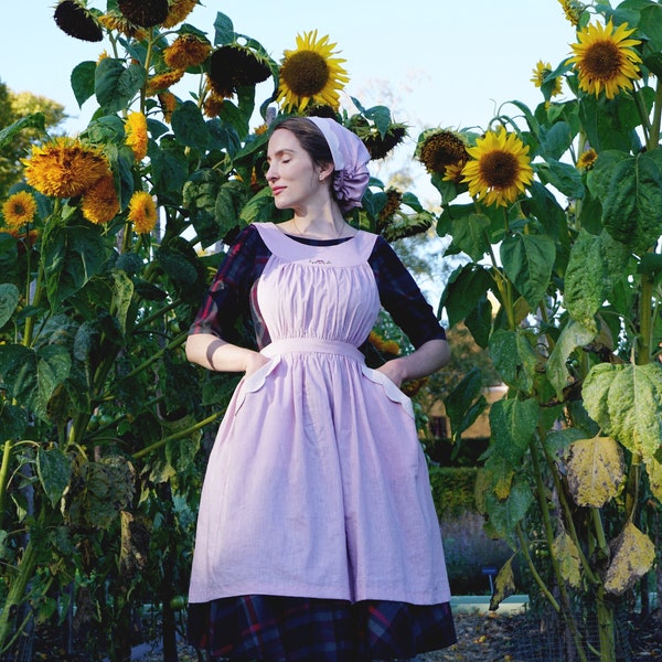 Hand embroidered Apron and headcovering. Exclusive Rare Pinafore of Delicate Linen with Pansy Violet. Made in Sweden. Plus size L - 3XL