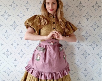 Handmade Mauve Apron with Mushroom Embroidery and Autumn Heathers. Cottagecore, Folklore, Scandinavian. Made in Sweden. Plus Size XS to 2XL