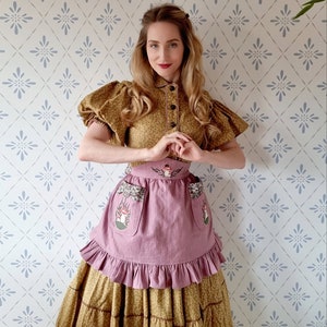 Handmade Mauve Apron with Mushroom Embroidery and Autumn Heathers. Cottagecore, Folklore, Scandinavian. Made in Sweden. Plus Size XS to 2XL image 1