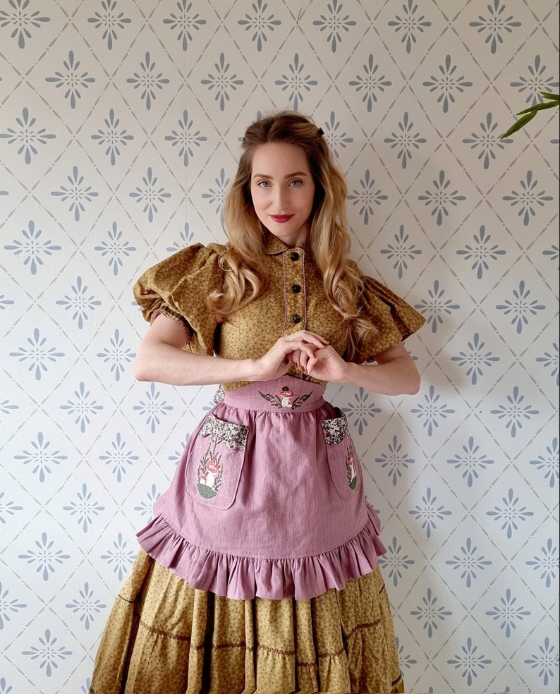 Handmade Mauve Apron with Mushroom Embroidery and Autumn Heathers. Cottagecore, Folklore, Scandinavian. Made in Sweden. Plus Size XS to 2XL image 1