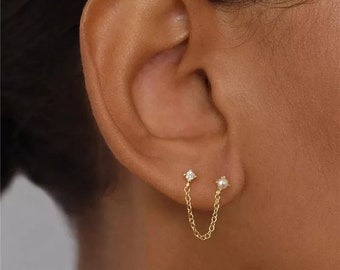 stud earrings Pearl Tassel, Chain Cz Earlobe, Minimalist earrings, Dangle chain earring, Gold silver earrings, Minimalist earrings, Dainty