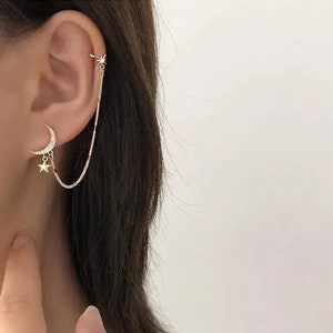 Star Moon Chain stud earrings, Cuff, Wrap, Clip Chain, star, moon, Gold earrings, Minimalist earrings, Cz Earrings, tragus, long chain