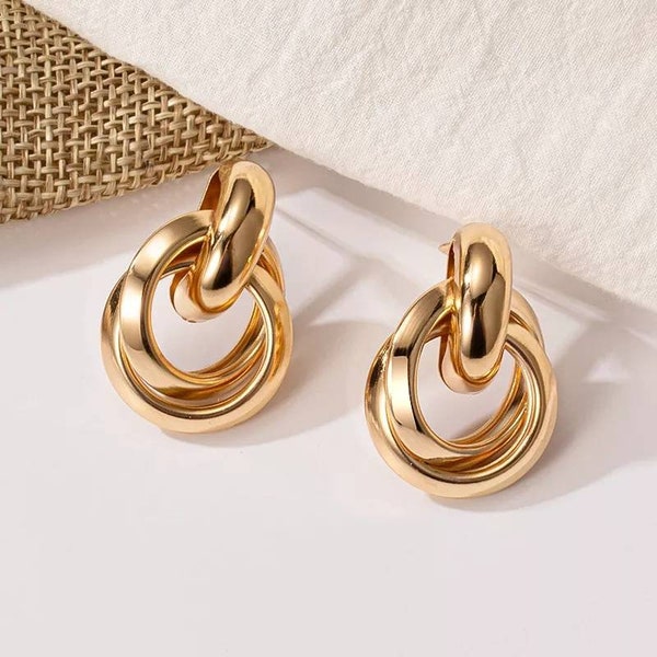 18K Gold Double Hoop Earrings, Chunky Hoops, Thick Hoop Earrings, Retro Two Hoop Earrings, Multiple Hoops, Modern Earrings, Gift