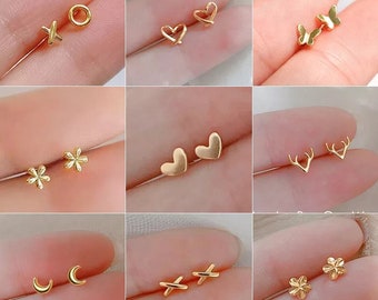 18k Gold Plated Moon Studs, Small Flower Stud Earrings, Dainty Circle Butterfly, mini earrings for Cartilage, Tragus, Earstack