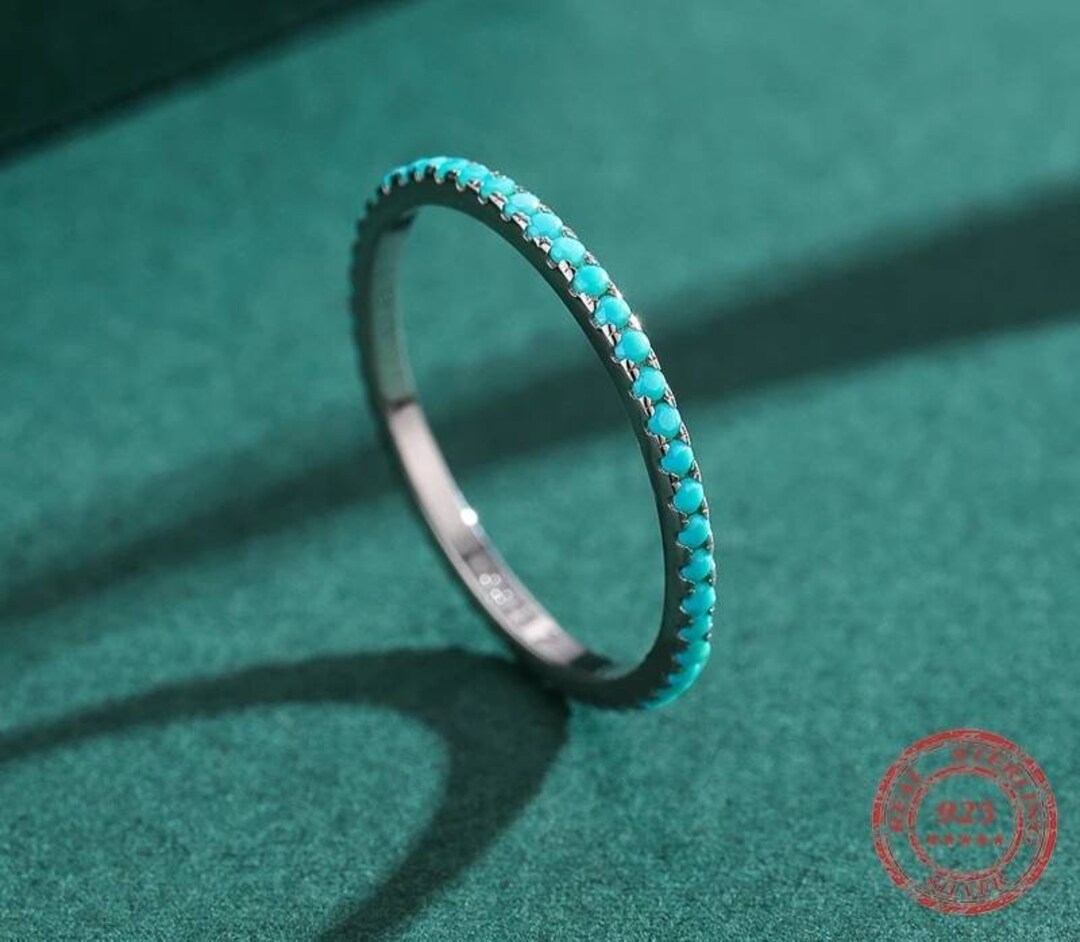 Turquoise 925 Sterling Silver Thin Band Ring Stacking Modern Minimalist