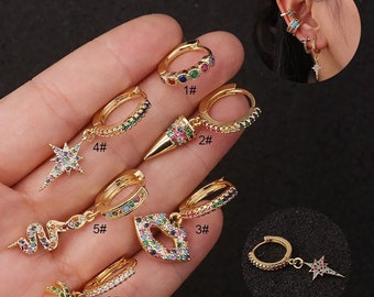 Colourful Star Snake Lips Cz Earrings in Gold, Multicolour CZ Gold Dainty Huggie Hoop Earrings, Dangling Earrings, Earstack, Tragus