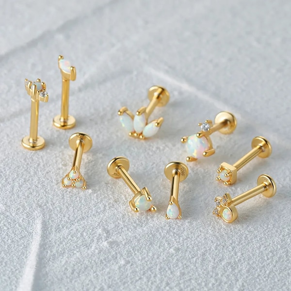 18k Gold Plated Opal Labret Studs, Small Tiny Opal Stud Earrings, Dainty mini earrings for Cartilage, Tragus, Earstack, gifts for her