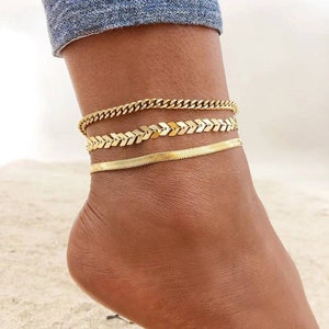 18k Plated Anklet, Snake Herringbone Anti Tarnish, Curb Link Anklet Gift, Minimalist Dainty Summer Anklet - Adjustable