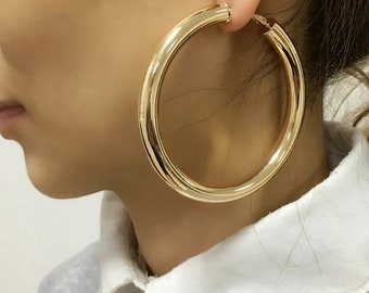 Extra Large Gold Plated Hoop Earrings, Chunky Hoop Earrings, Silver Large Hoop Earrings, Rose Gold Plated Minimal Hoop Thick Hoop, 70mm