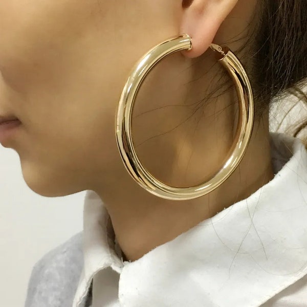 Extra Large Gold Plated Hoop Earrings, Chunky Hoop Earrings, Silver Large Hoop Earrings, Rose Gold Plated Minimal Hoop Thick Hoop, 70mm