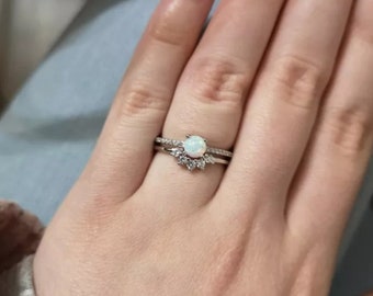 Small Opal Minimal Silver Ring, 925 Sterling Silver White Fire Opal October Birthstone Dainty Minimalist Delicate Tiny Elegant Stackable