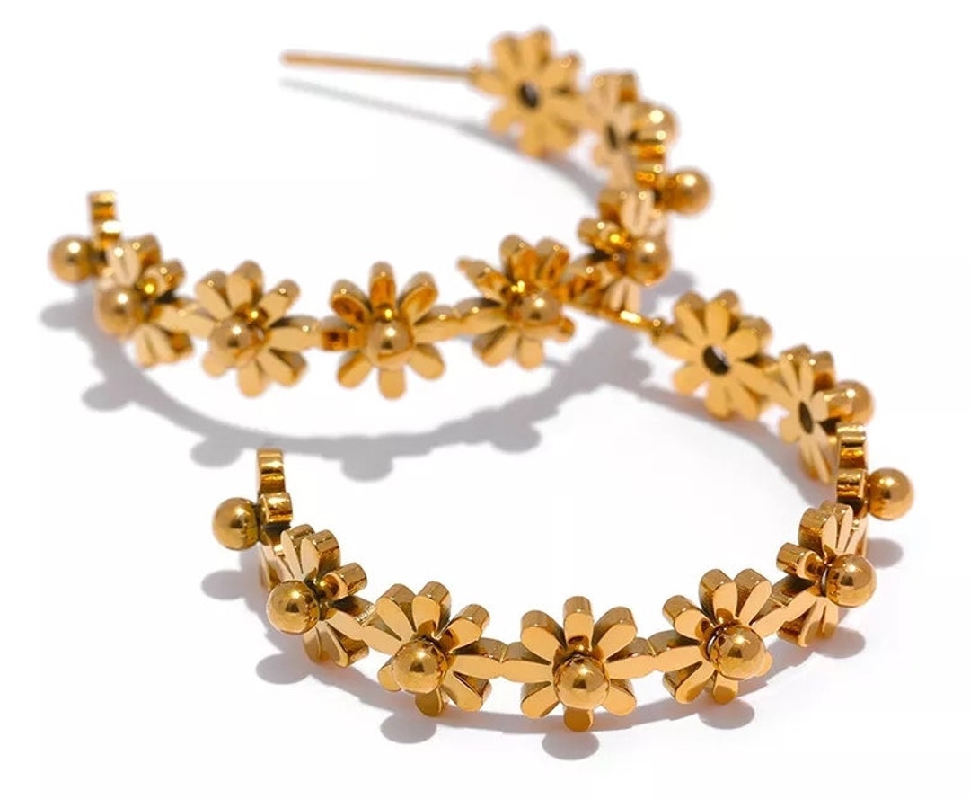 Large Gold Hoop Daisy Earrings Flower Floral Hoop Earrings 18K Etsy