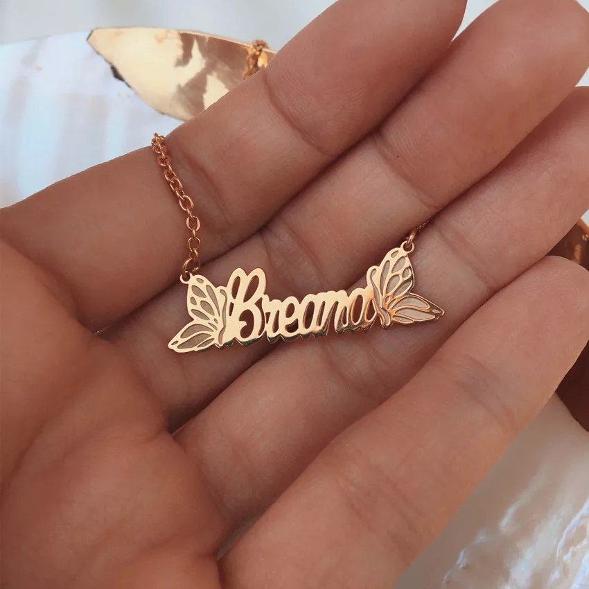 Nameplate necklace with butterfly deals