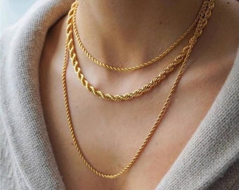 Gold Silver Twisted Rope Chain Necklace, Stacking Chain Necklace, Layering Link Necklace, Chunky Rope Layering, Dainty, Stainless Steel