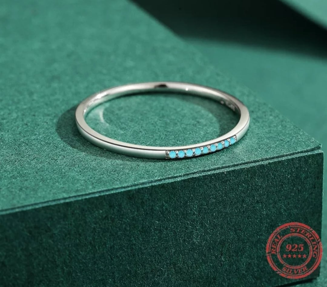 Turquoise 925 Sterling Silver Thin Band Ring Stacking Modern Minimalist