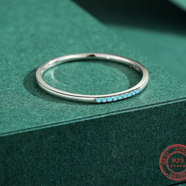 Turquoise 925 Sterling Silver Thin Band Ring Stacking Modern Minimalist Ring ring Band, Dainty, Engagement Ring, Gift for her, 1.2mm