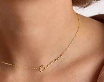 Handwriting Necklace Sideways, Custom Name Necklace, first mothers day, Minimalist Script Font Necklace in Platinum, Gold, Anti- Tarnish