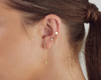 Chain stud earrings,  set of 3, Cz Earrings, Star Chain Earrings, Dangle chain earring, Gold earrings, Minimalist earrings, Dainty earrings