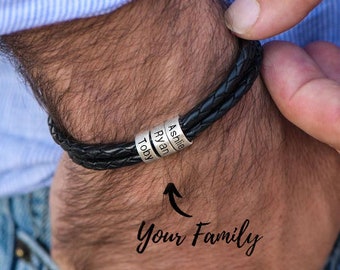 Father's day Personalized Leather Bracelet, Birthday Present for Dad, Bracelet for Dad, Bracelet Gift for Him, Black Leather,  Mens Gift