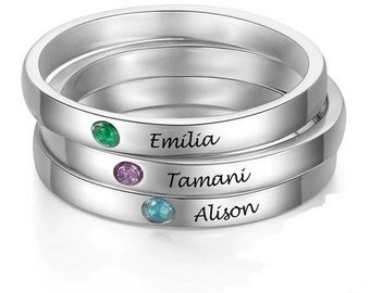 925 Personalisierter Silberring mit Geburtsstein • Zierlicher gravierter Ring • Personalisierter Namensring • Benutzerdefinierter Namensring • Personalisierte Geschenke für Mama