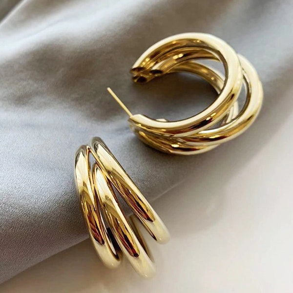 18K Gold Triple Hoop Earrings, Silver Chunky Hoops, Thick Hoop Earrings, Three Hoop Earrings, Multiple Hoops, Modern Earrings, Gift