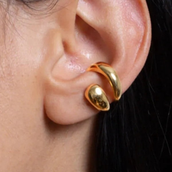 Clip on Earrings Large Gold Double Ear Cuff, Ear Wrap, Thick Gold Cuff Earrings, No Piercing Cartilage Cuff, Gold Hugging Hoops, Big