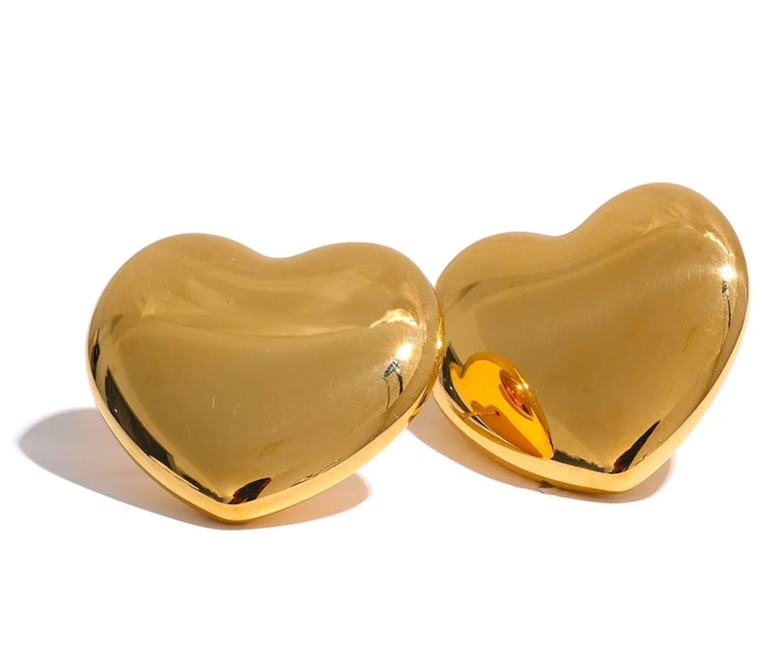 Puffed Large Heart Stud Earrings Gold Plated Heart Earrings Waterproof