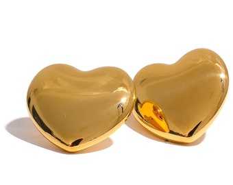 Boucles d'oreilles en forme de cœur soufflé Boucles d'oreilles en forme de cœur plaqué or Boucles d'oreilles en acier inoxydable étanche Platine Chunky Heart Minimalist Elegant Puffy