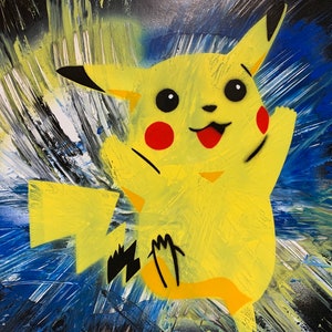 ピカチュウポケモンスプレーペイントアート：オリジナルサイン入り絵画 