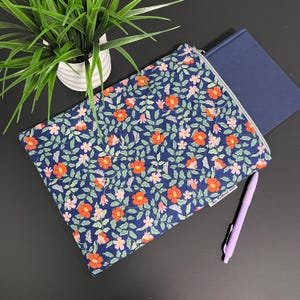 Quilted Cotton Navy Orange Floral Rifle Paper Co Book Sleeve, Padded Fabric Book Protector for Books & Journals Size Large