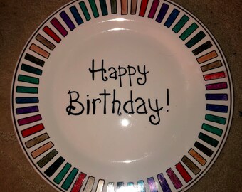 Birthday 6 Ceramic Hanging Decorative Plate,Happy Birthday Words with Floral Swirled Details Stars Flying Balloons Art Print Decorative Ceramic Dinner Plate for Dining Table Setting Catering