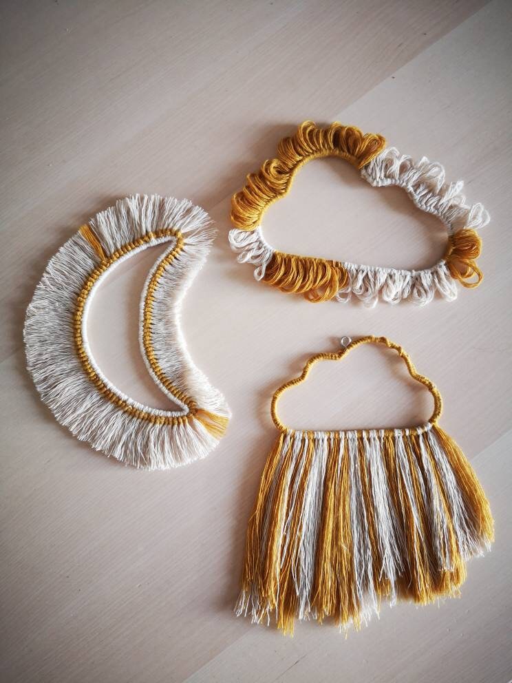Lot de 3 Macramé Lune et Nuages, Jaune Beige, 12-15 cm
