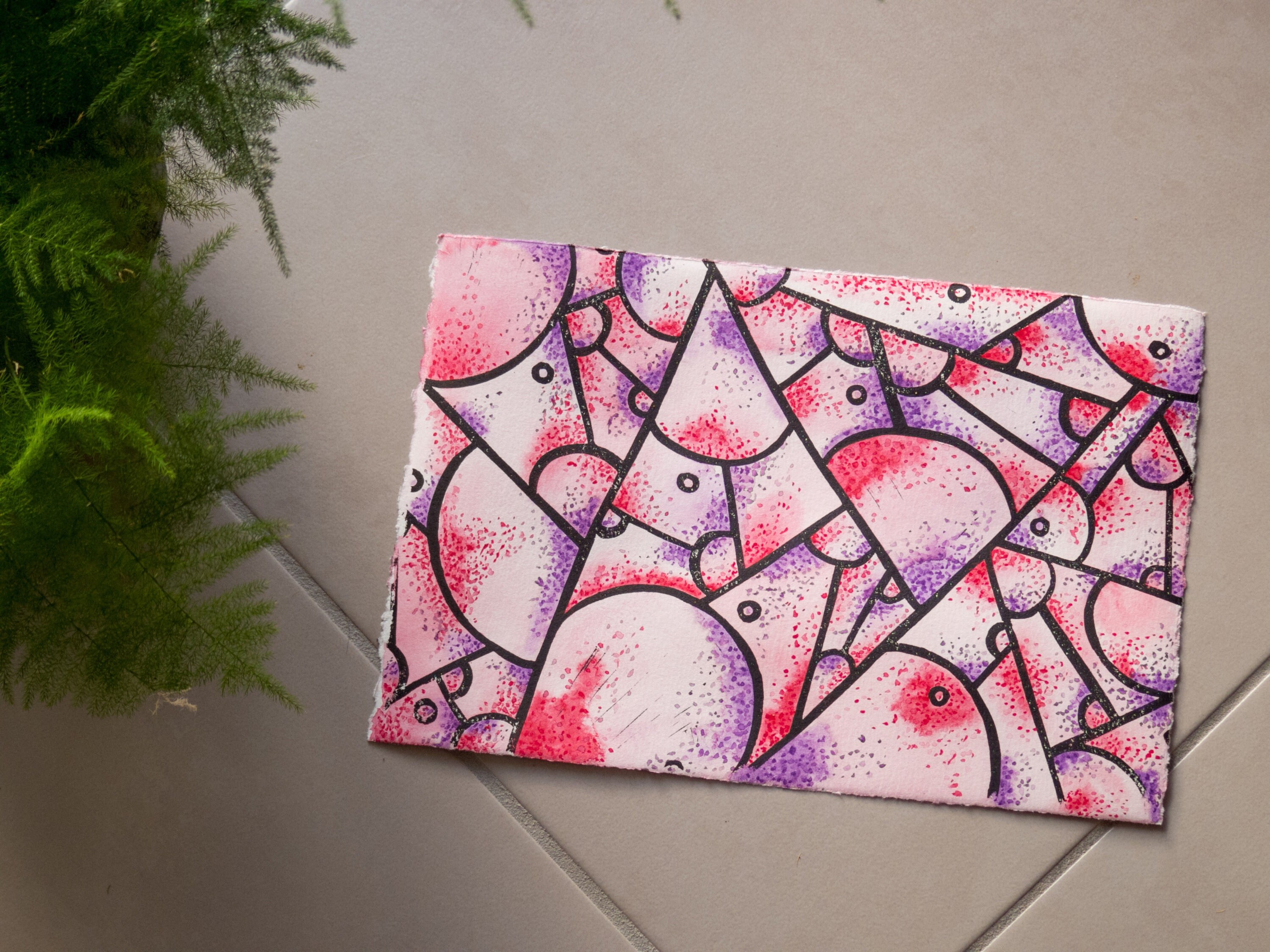 Les Fruits Rouge, Vitrail de Linogravure et Aquarelle, 28x18.5cm