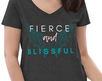Fierce and Blissful, Women’s, Recycled, V-neck, Short Sleeve, Angel Wings, Comfortable