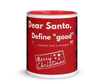 Dear Santa, Define Good, Plaid, Funny Christmas Mug with Color Inside