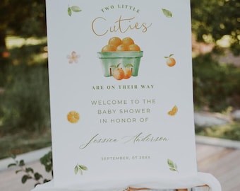 Two Little Cuties Baby Shower Welcome Sign, Cute Decorations for Party, Customized, Twin Babies Canva - Gender Neutral