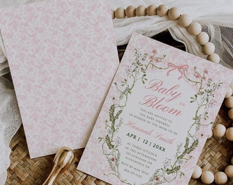 Invitación para baby shower Baby in Bloom Grandmillennial Pink Girl - Invitaciones digitales de primavera - Invitación vintage para fiesta de abril-mayo, elegante y editable