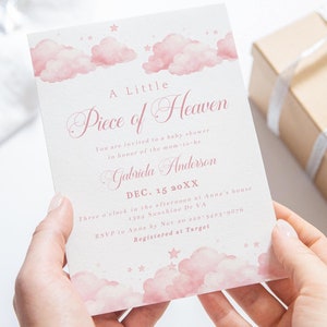 A Little Piece of Heaven Baby Shower Invitation Pink On Cloud Nine - Editable Template Boy Baby Shower Instant Download Dreamy Clouds Invite