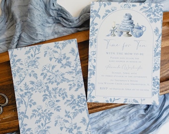 Afternoon Tea Baby Shower Invitation Template Grandmilennial Toile de Jouy Blue  - Editable Digital Invite - Tea with the Mom to Be Floral